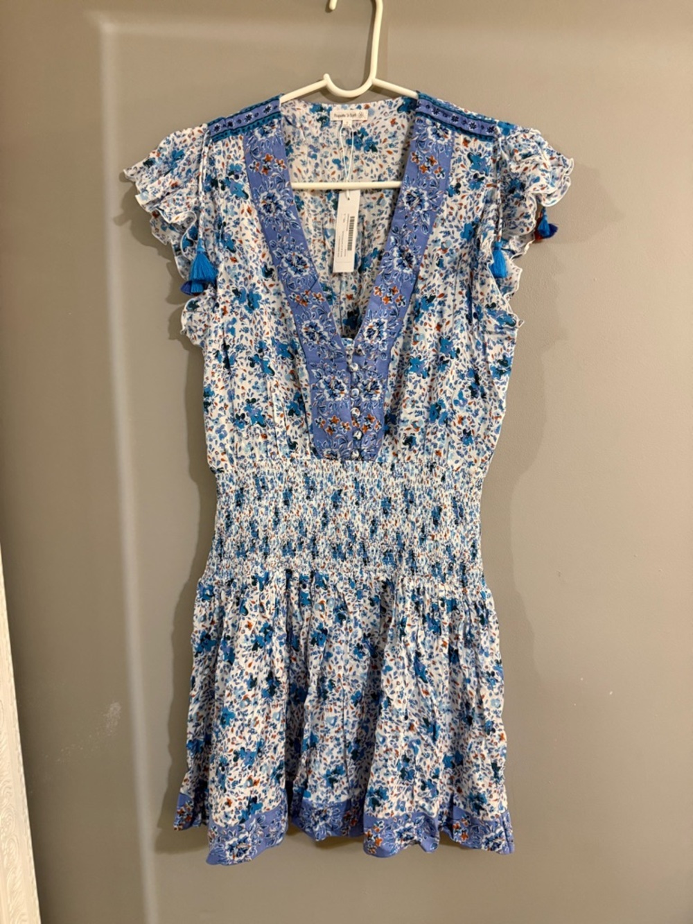 Poupette St. Barth Blue Floral Smocked Waist Mini Dress